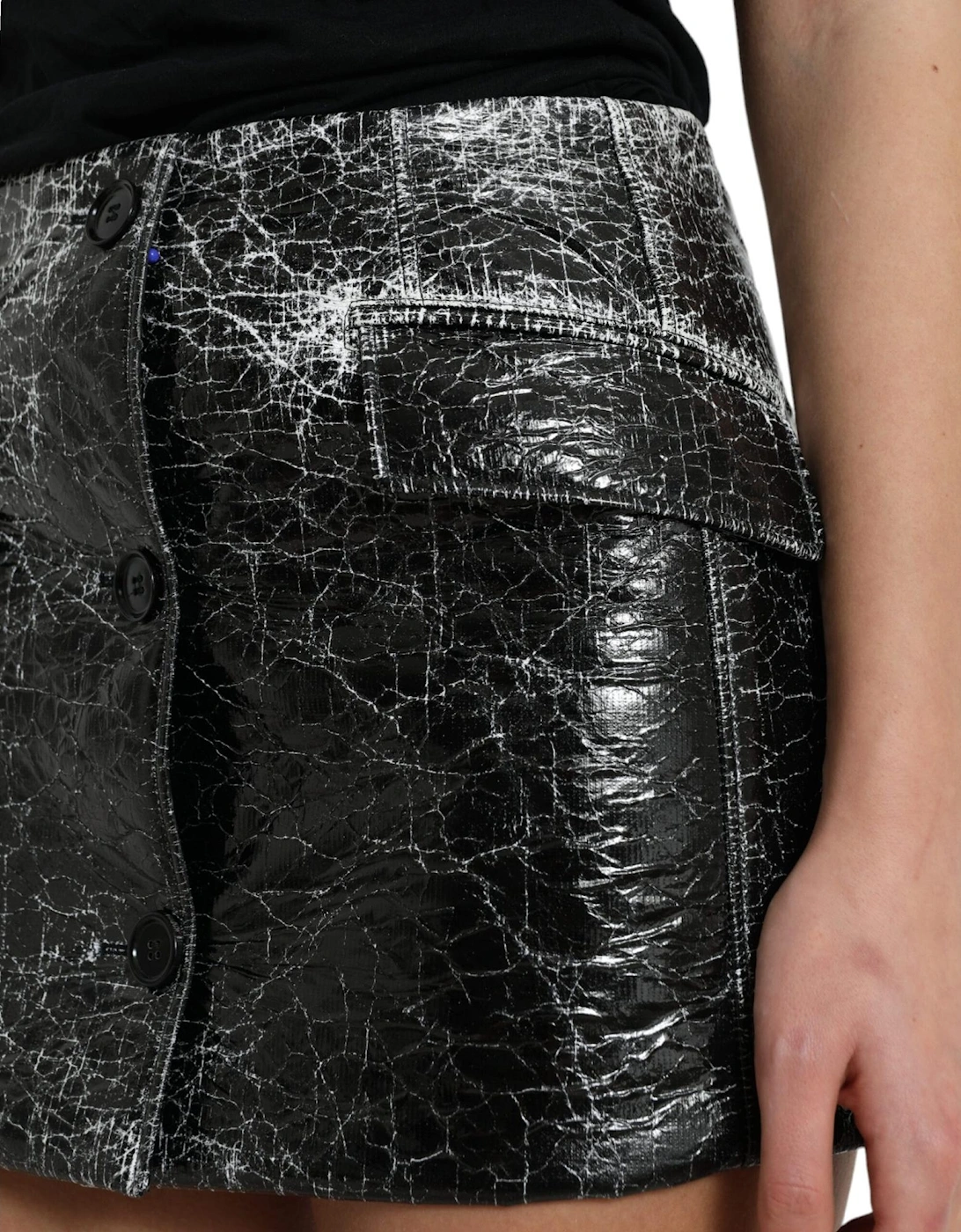 Crackled Leather Mini Skirt ALine Style Women - Black