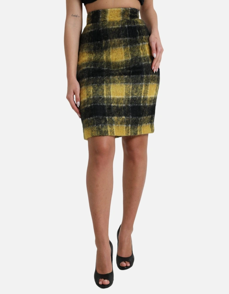 Pencil Skirt Yellow Black Plaid Wool Blend Women