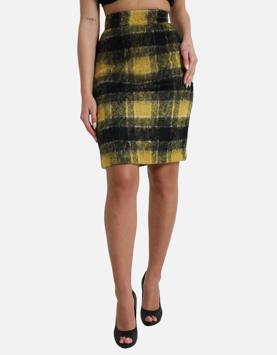 Pencil Skirt Yellow Black Plaid Wool Blend Women, 5 of 4