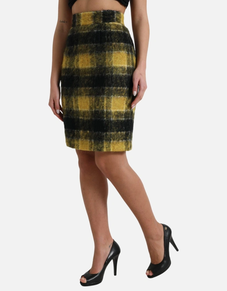 Pencil Skirt Yellow Black Plaid Wool Blend Women