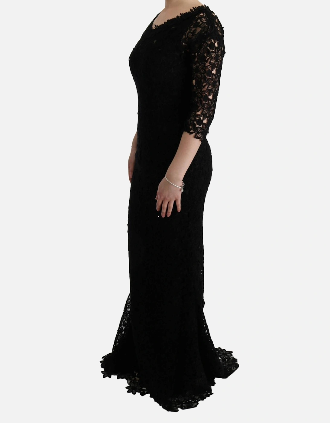 Lace Long Dress Slim Fit Round Neck Women - Black Dresses