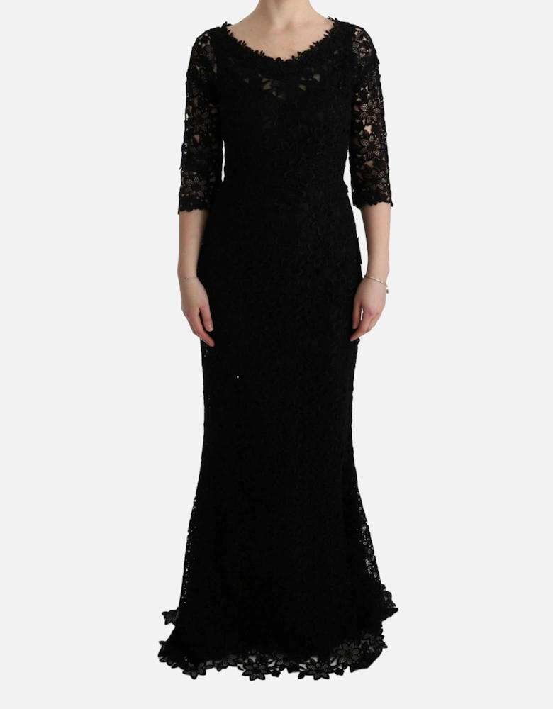 Lace Long Dress Slim Fit Round Neck Women - Black Dresses