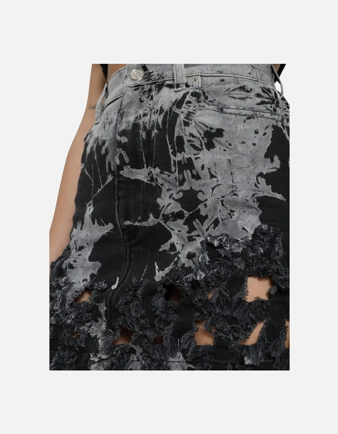 Mini Distressed Denim Skirt Lace Detail Women - Black And Gray
