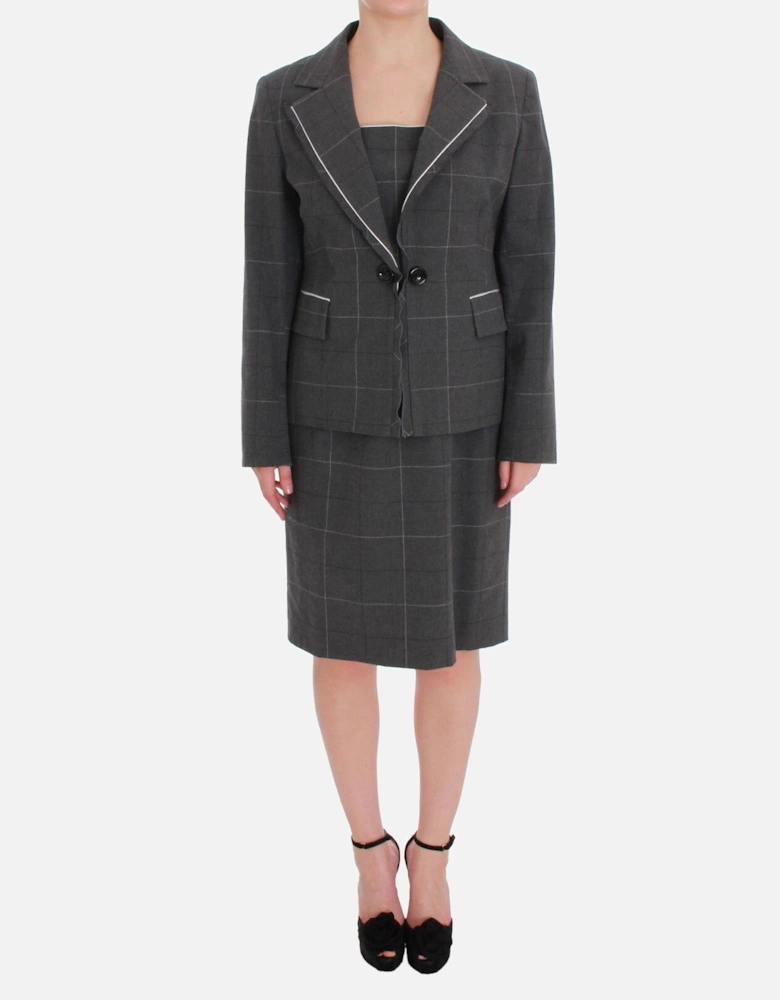 Gray Plaid Sheath Dress Sleeveless Square Neck Women Suits