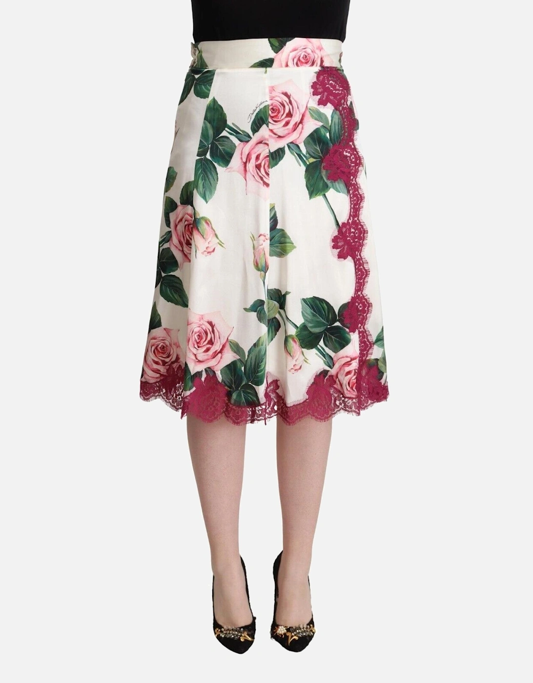 Dolce & Gabbana Women's White Rose Print Aline Skirt - : 16/16/None Size 16