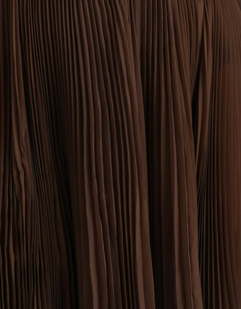 Brown Pleated Trim Midi Skirt - 100% Polyester Women