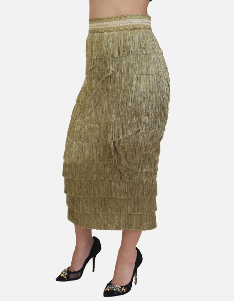 Metallic Gold Fringe Midi Skirt Women