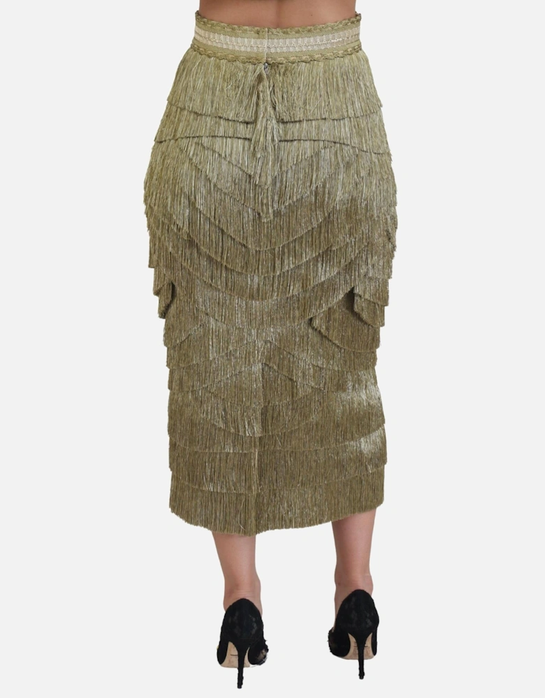 Metallic Gold Fringe Midi Skirt Women