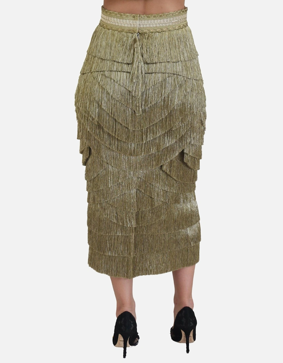 Metallic Gold Fringe Midi Skirt Women