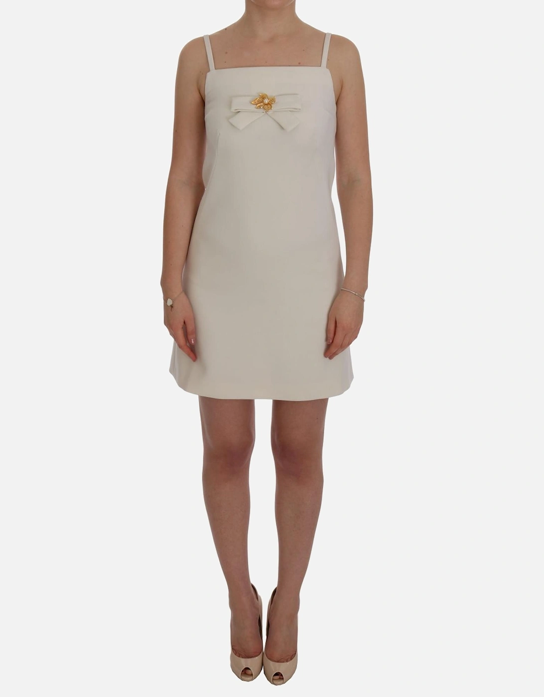 White Wool Shift Dress with Gold Brooch Women Dresses, 7 of 6