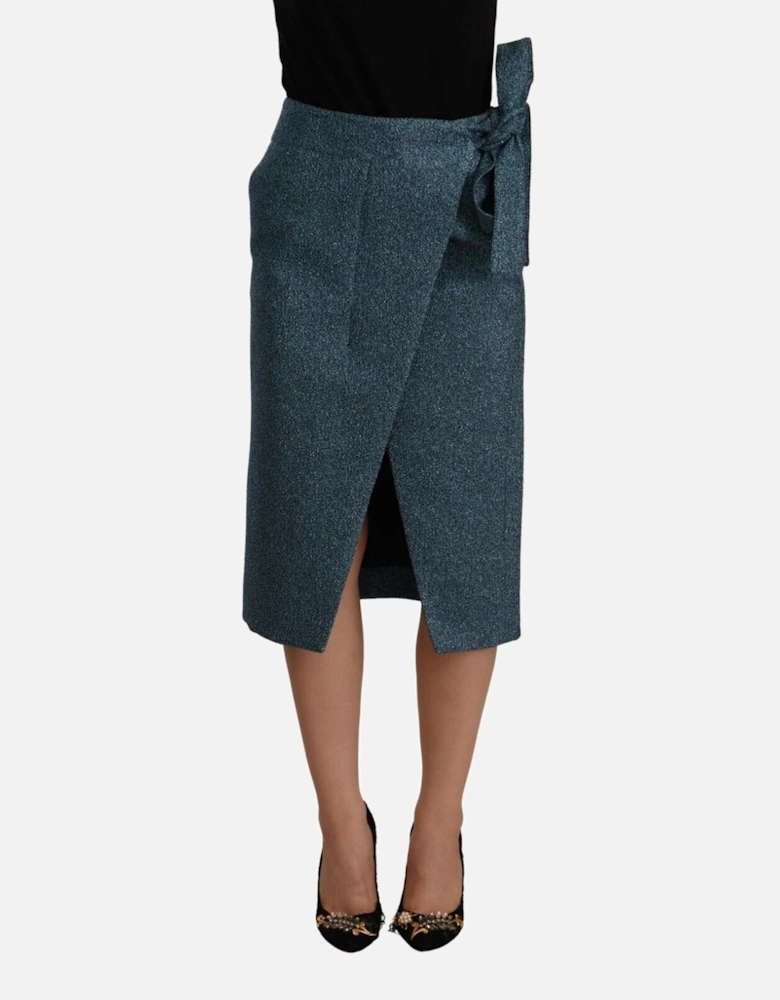 Metallic Wrap Skirt KneeLength Women - Blue