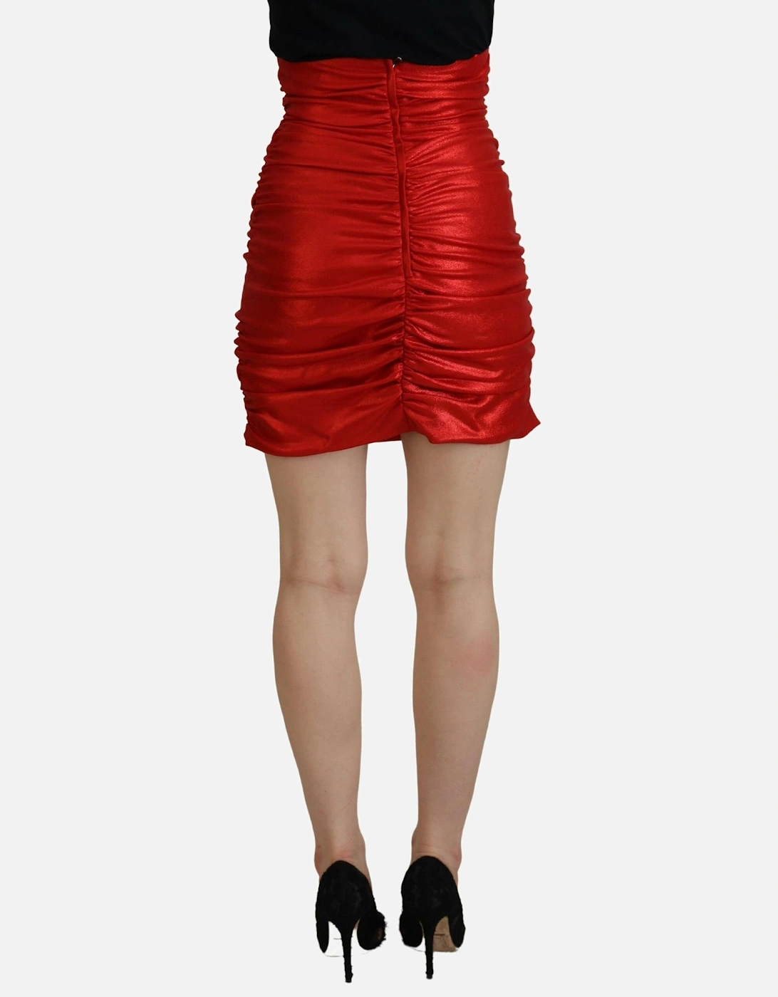 Red Ruched Mini Skirt Metallic High Waist Women