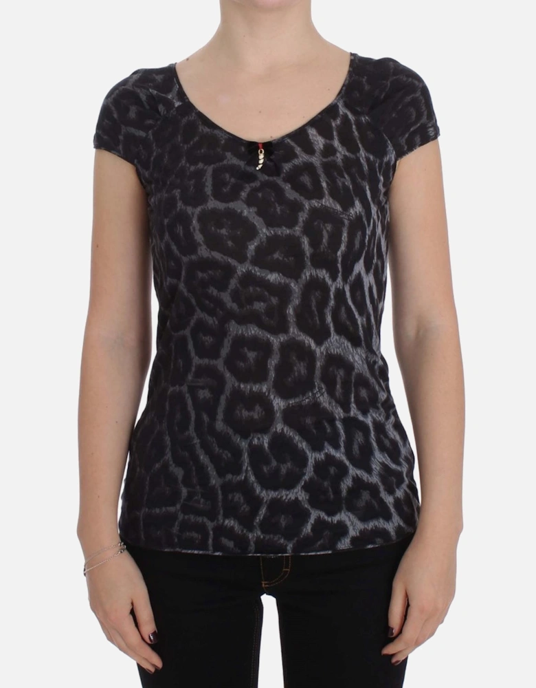 Leopard Print Top Short Sleeve VNeck Women - Gray T-Shirts