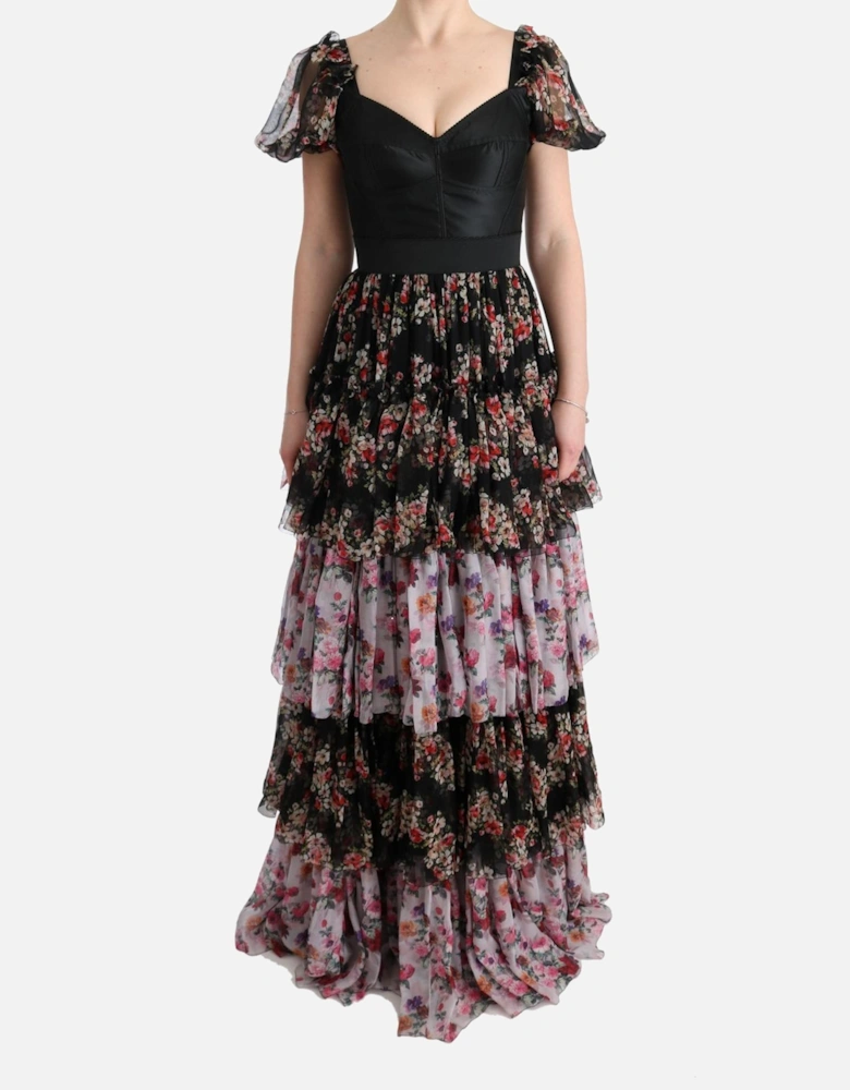 Floral Print Silk Dress Tiered Maxi Dress Women - Multicolor Dresses