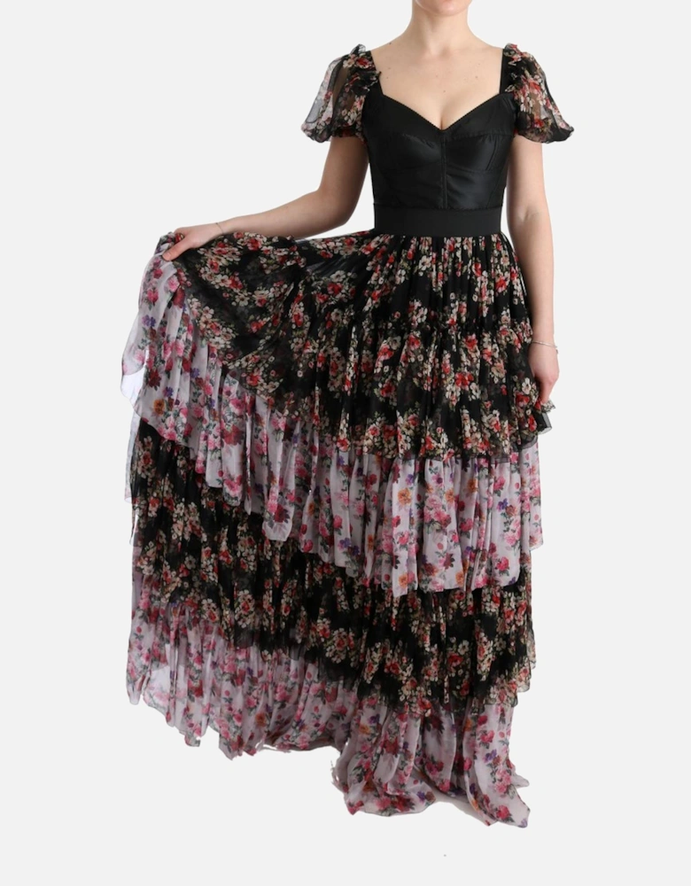 Floral Print Silk Dress Tiered Maxi Dress Women - Multicolor Dresses