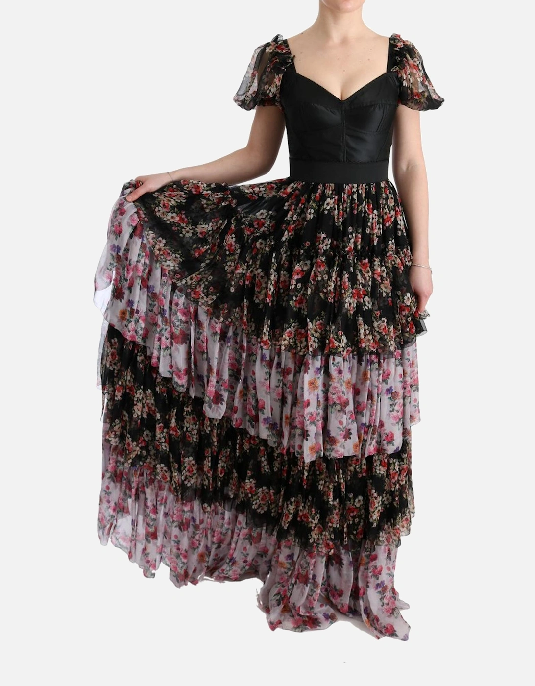 Floral Print Silk Dress Tiered Maxi Dress Women - Multicolor Dresses