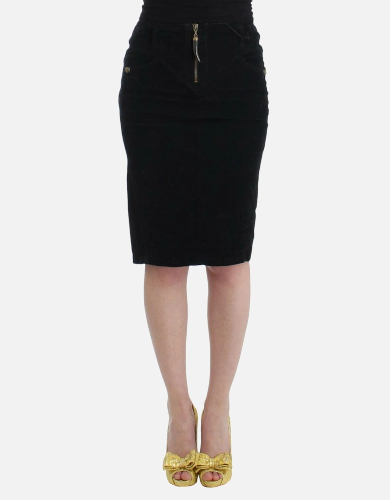 Pencil Skirt Black Corduroy Fitted Women