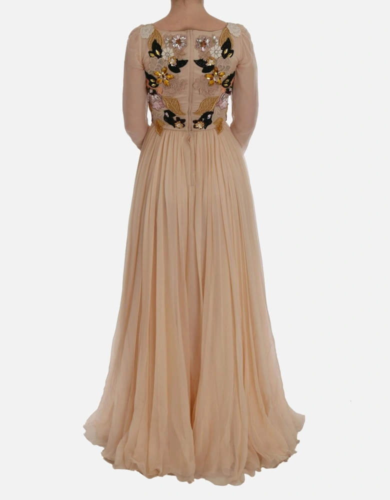 Floral Embellished Gown Long Sleeve Maxi Dress Women - Pink Dresses
