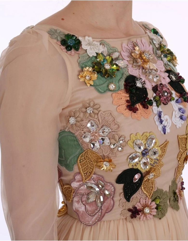 Floral Embellished Gown Long Sleeve Maxi Dress Women - Pink Dresses