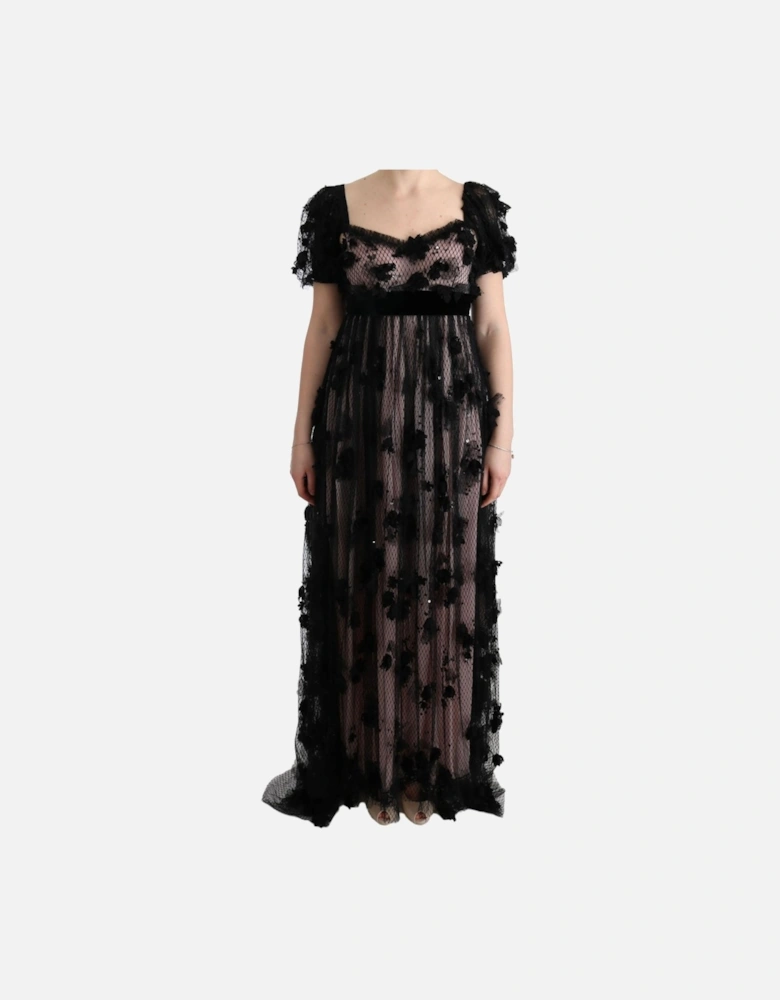 Floral Appliqu Gown Long Sleeve Women - Black Dresses