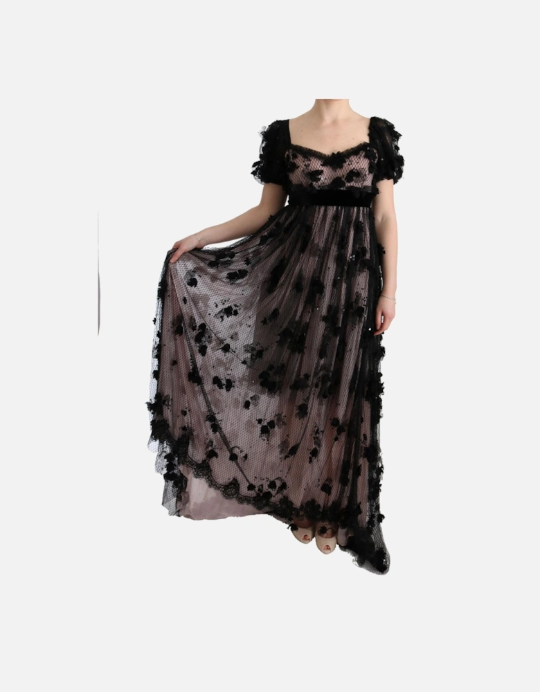Floral Appliqu Gown Long Sleeve Women - Black Dresses