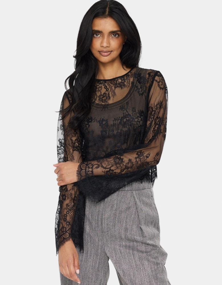 Gigisz Long Sleeve Sheer Lace Blouse - Black