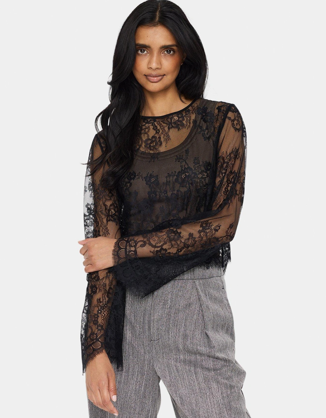 Gigisz Long Sleeve Sheer Lace Blouse - Black, 2 of 1