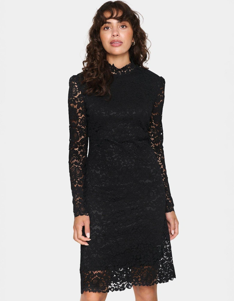 Gannasz Long Sleeve Slim Fit Lace Dress - Black