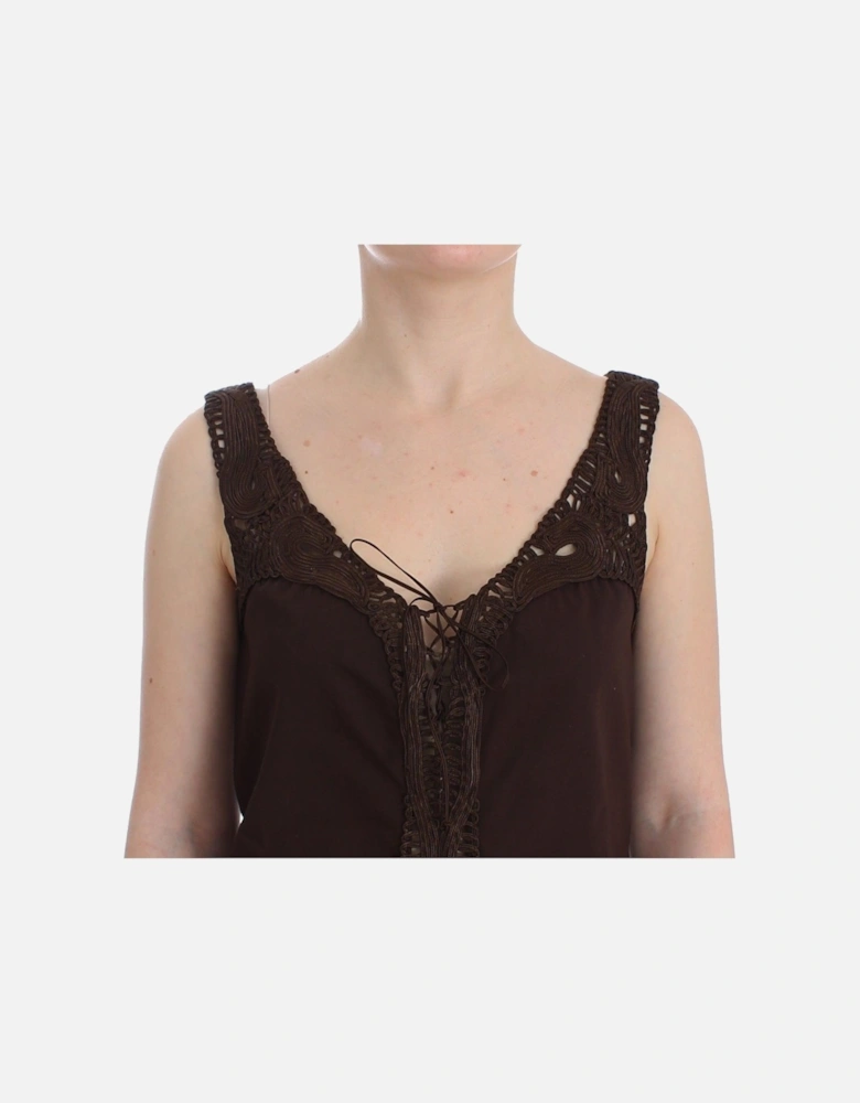 Mini Dress Sleeveless Crochet VNeck Women - Brown Dresses