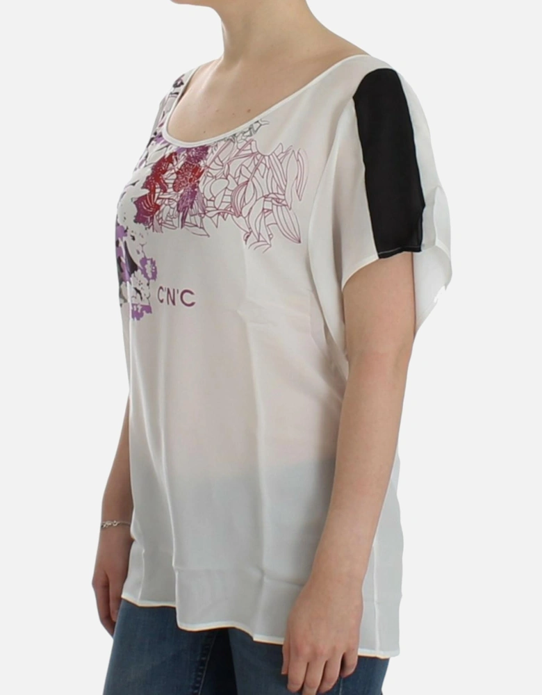 Floral Print Silk Blouse Short Sleeves Women - White T-Shirts