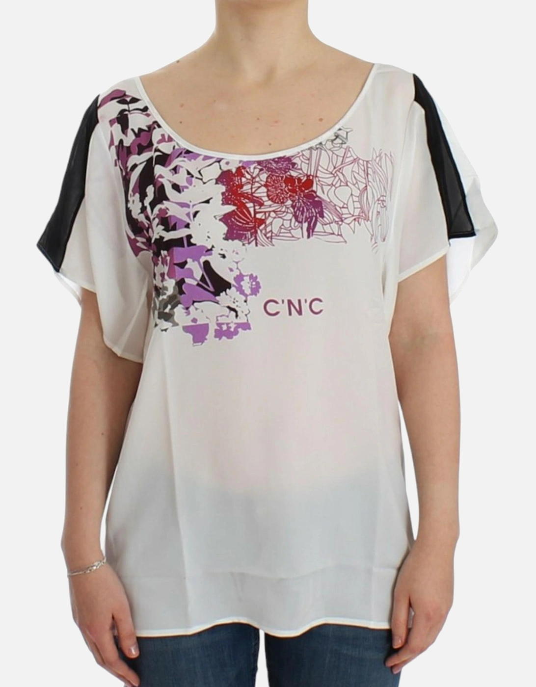 Floral Print Silk Blouse Short Sleeves Women - White T-Shirts, 7 of 6