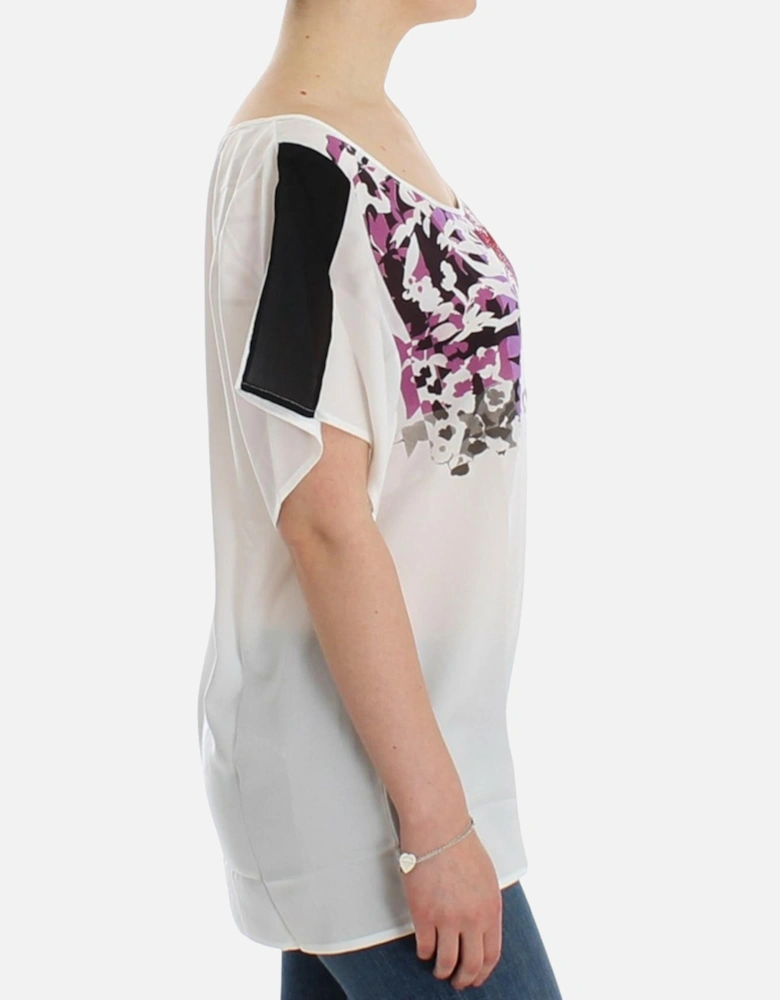 Floral Print Silk Blouse Short Sleeves Women - White T-Shirts