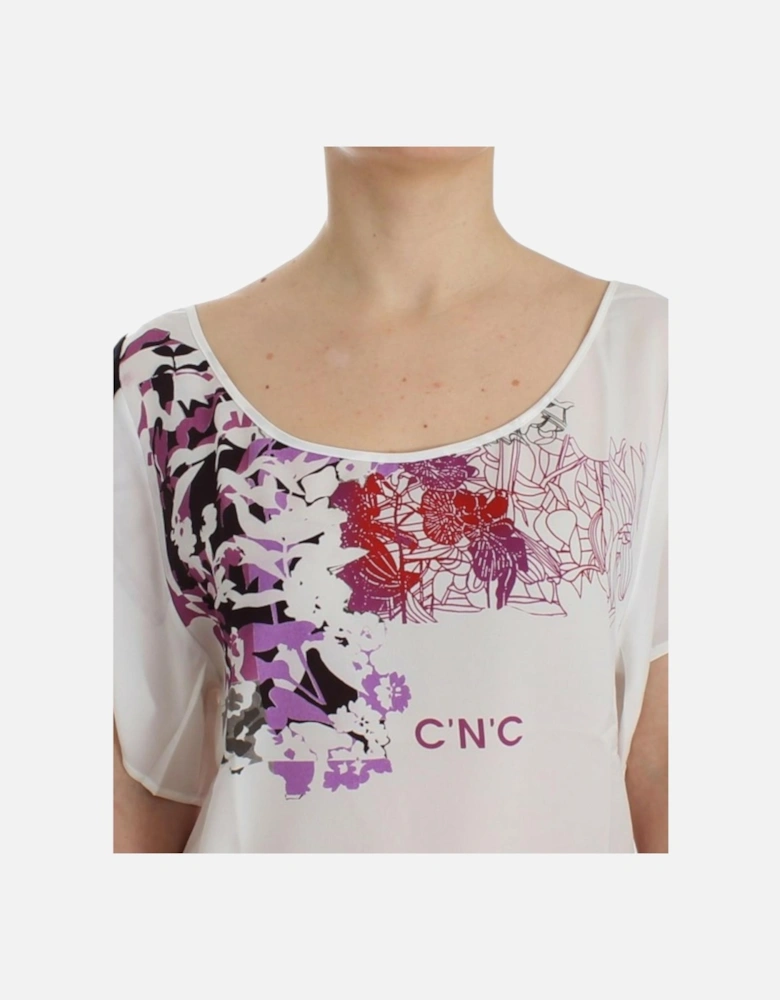Floral Print Silk Blouse Short Sleeves Women - White T-Shirts