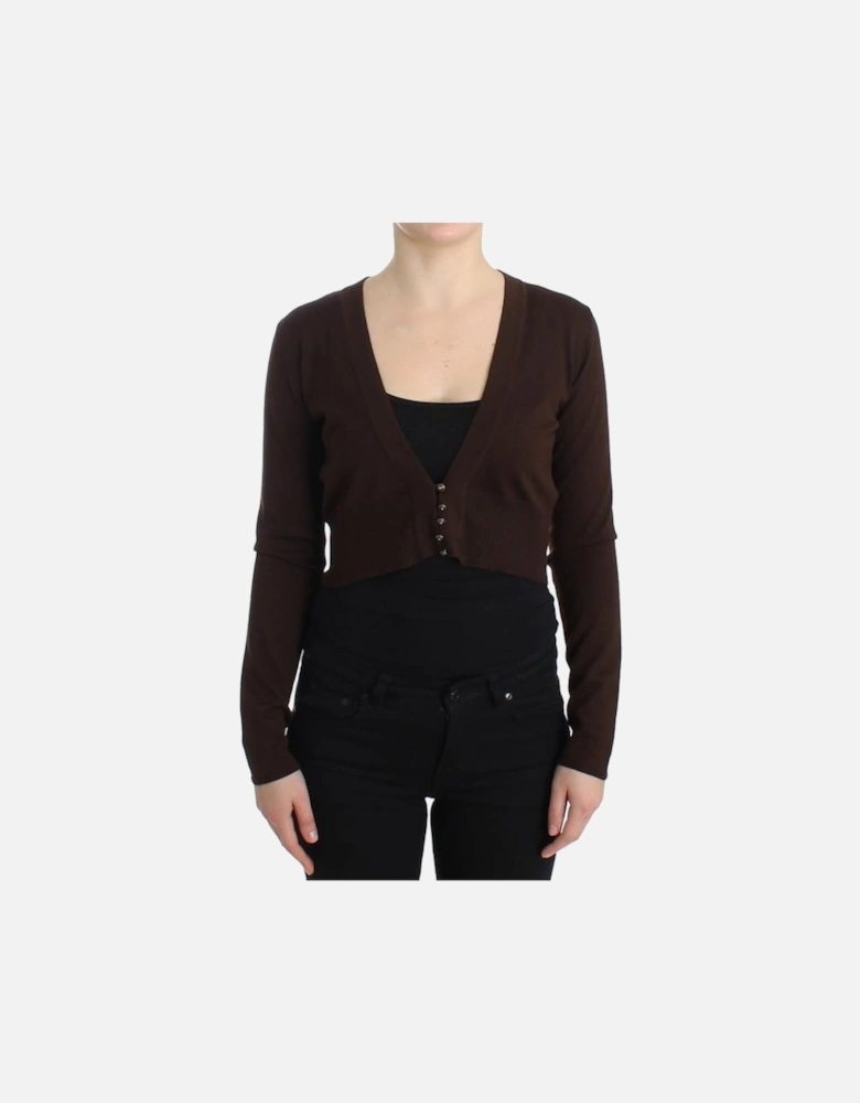 Cropped Cardigan Long Sleeve VNeck Women - Brown Sweaters