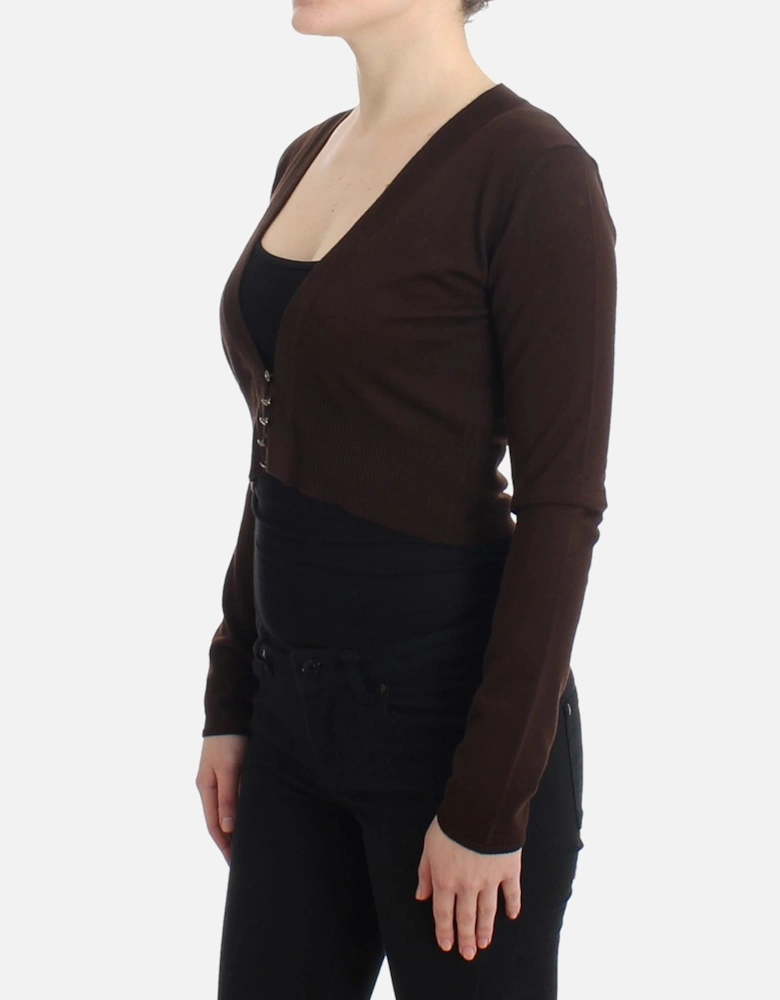 Cropped Cardigan Long Sleeve VNeck Women - Brown Sweaters
