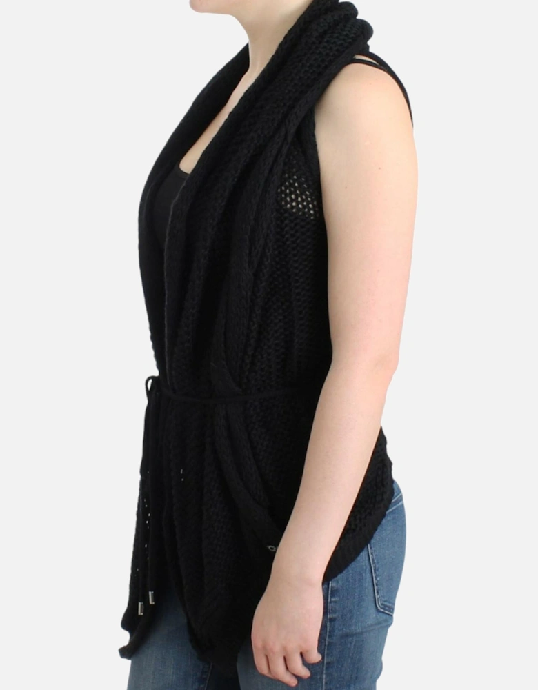 Knitted Vest Cardigan with Belted Waist and Deep V-Neck Women - Black