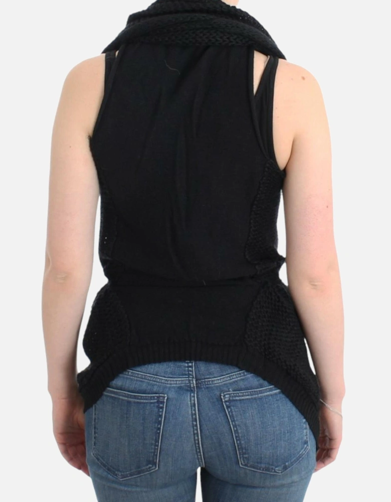 Knitted Vest Cardigan with Belted Waist and Deep V-Neck Women - Black