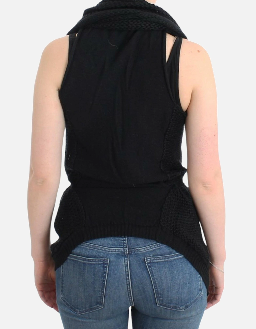 Knitted Vest Cardigan with Belted Waist and Deep V-Neck Women - Black