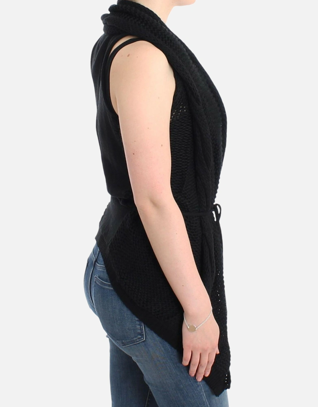Knitted Vest Cardigan with Belted Waist and Deep V-Neck Women - Black