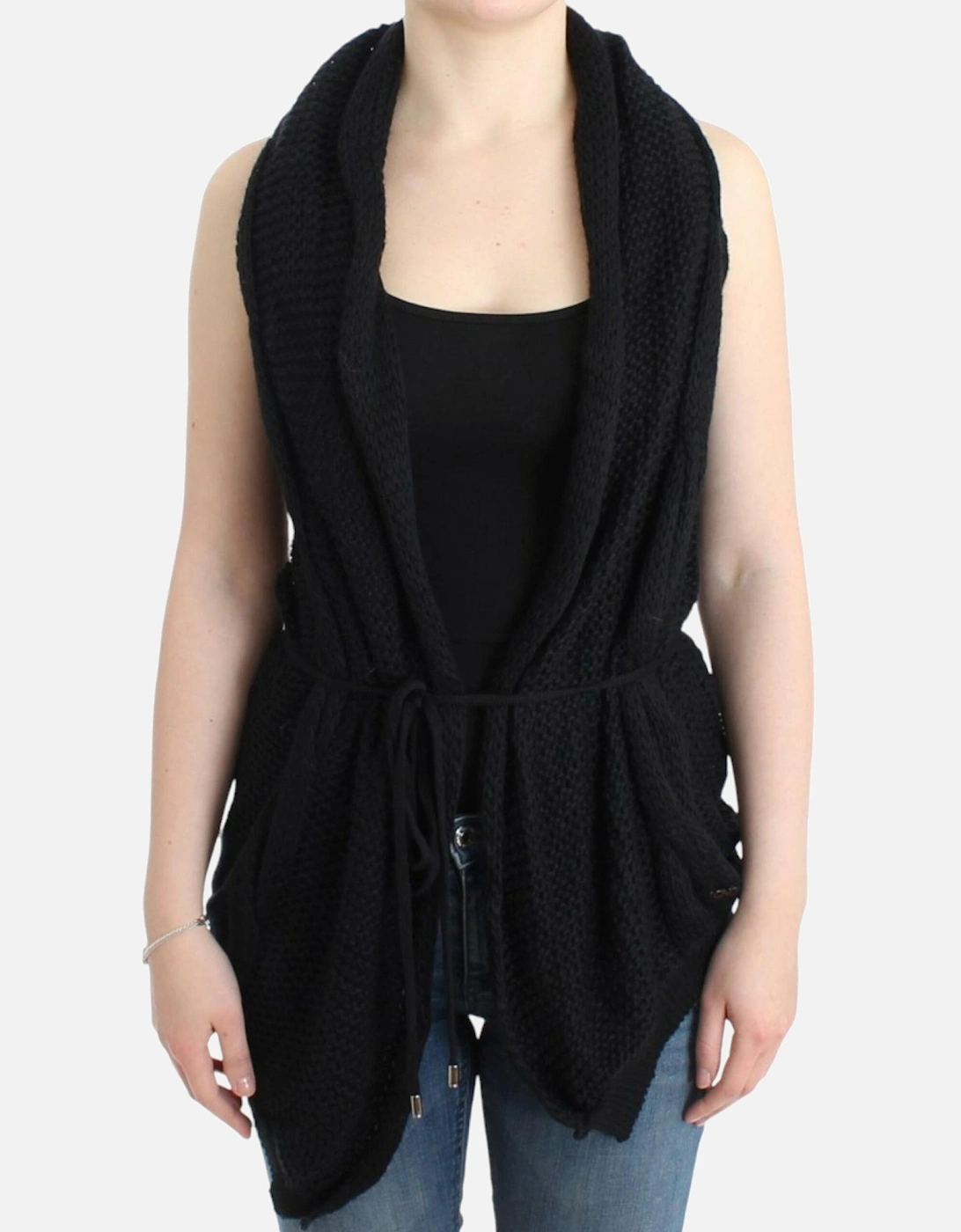 Knitted Vest Cardigan with Belted Waist and Deep V-Neck Women - Black, 7 of 6