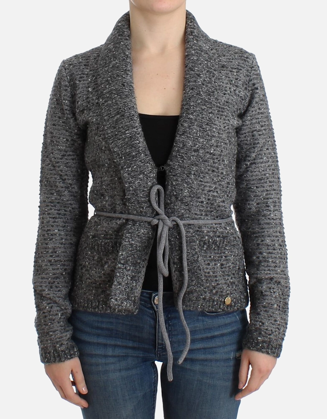 Knit Cardigan Gray Tie Waist Women Sweaters, 7 of 6