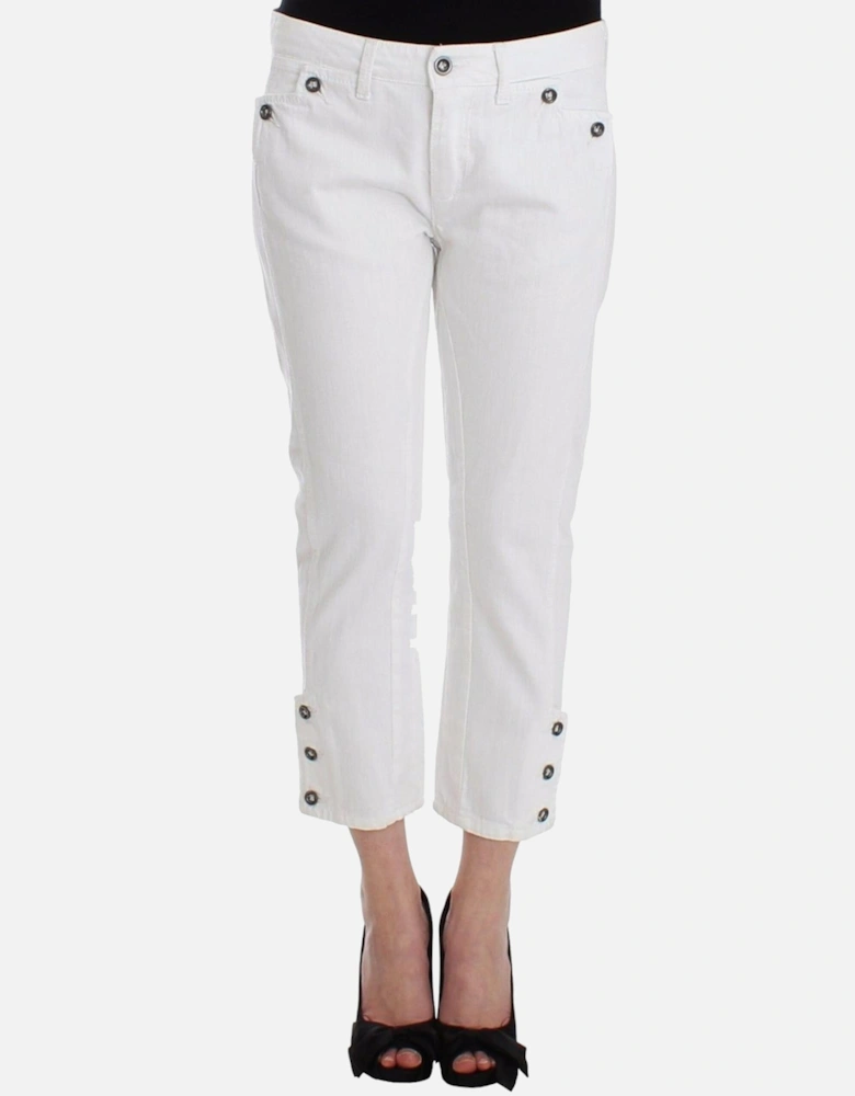 Cropped Cotton Jeans with Logo Details Women - White Jeans