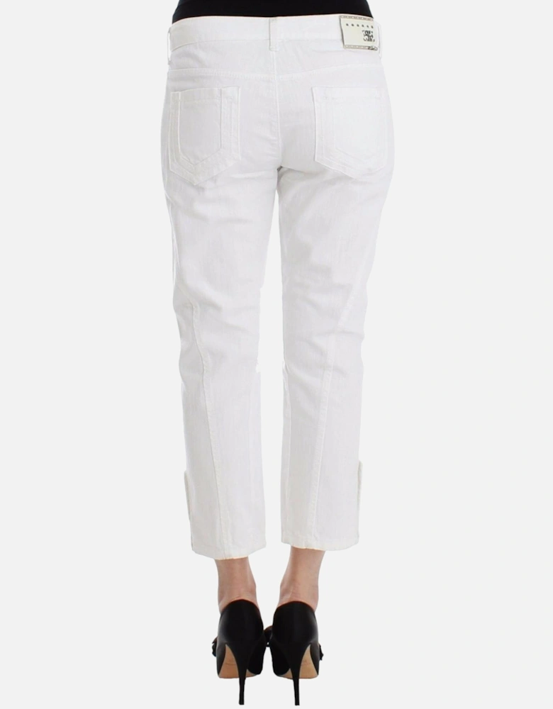 Cropped Cotton Jeans with Logo Details Women - White Jeans