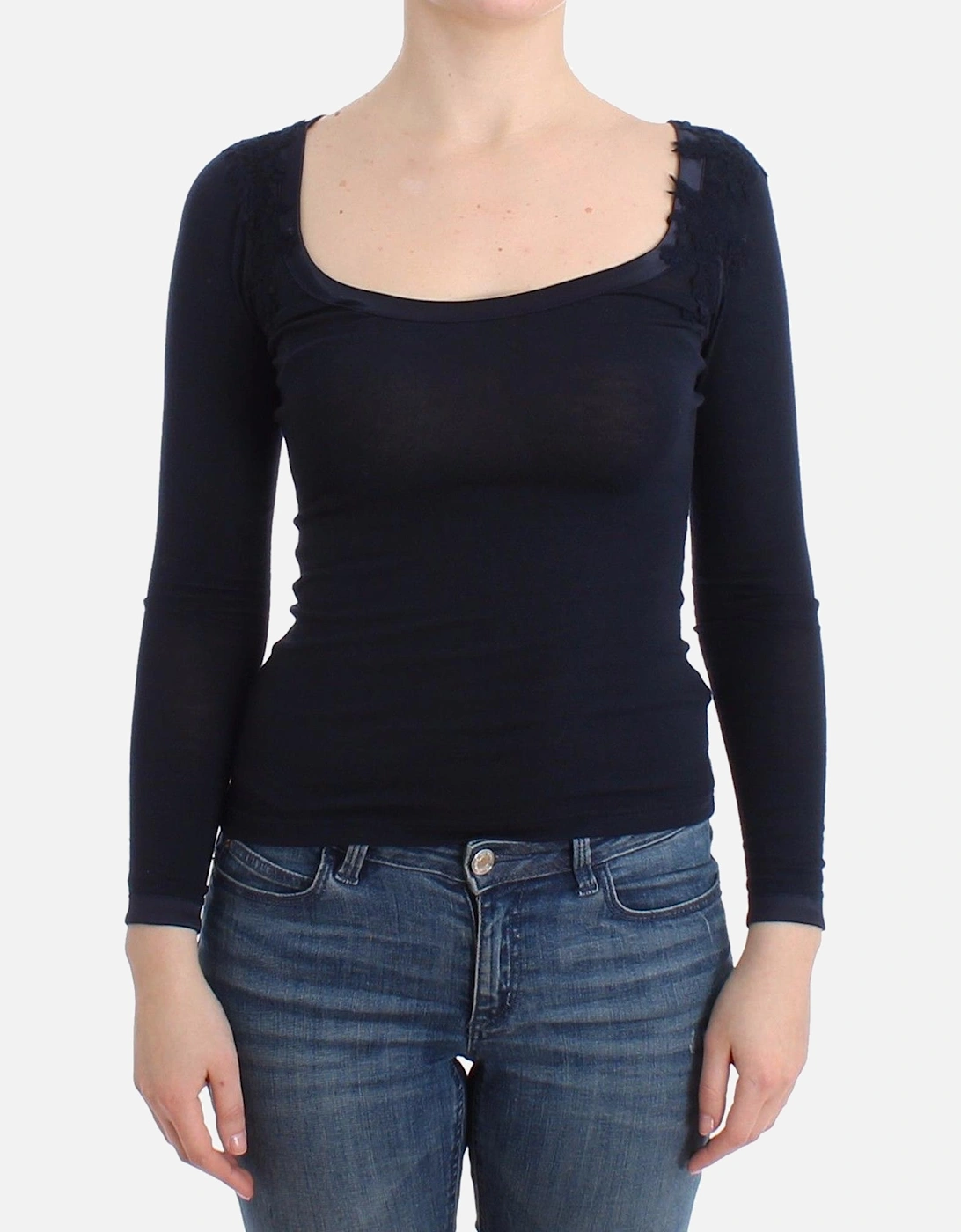 Long Sleeve Knit Top Square Neck Lace Detail Women - Blue Sweaters, 7 of 6