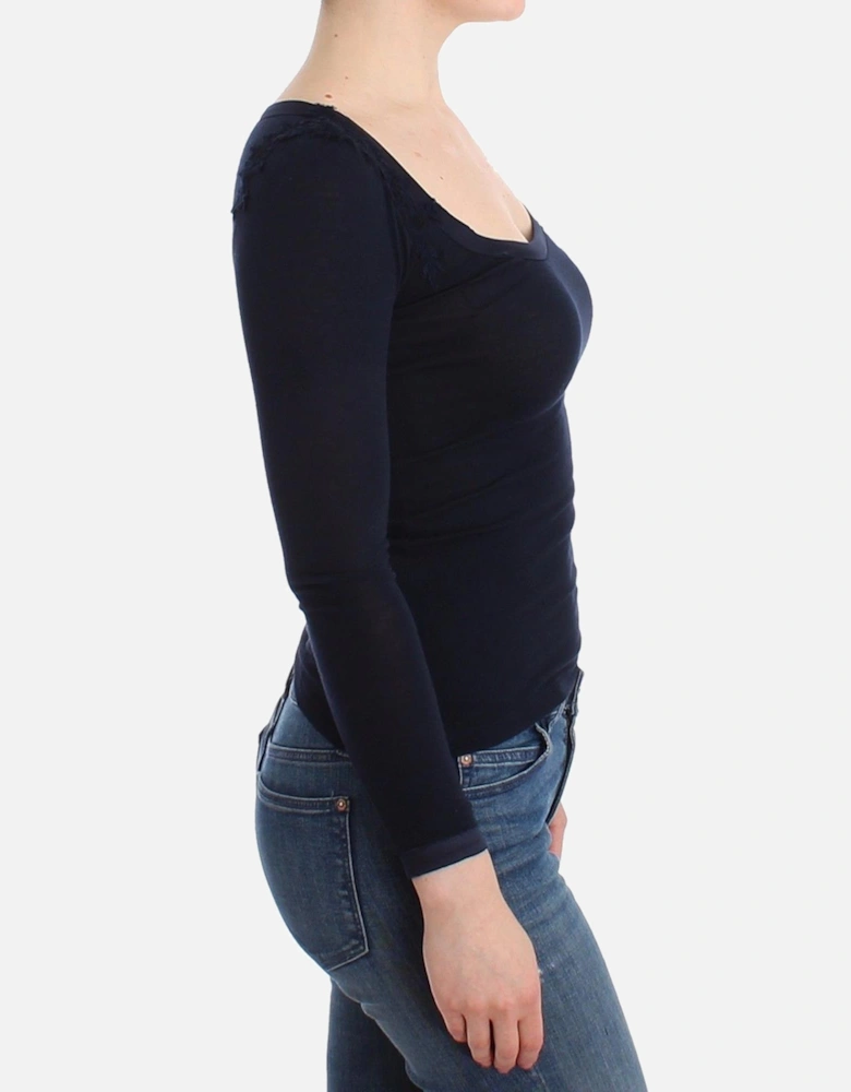 Long Sleeve Knit Top Square Neck Lace Detail Women - Blue Sweaters