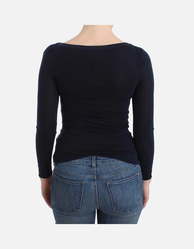 Long Sleeve Knit Top Square Neck Lace Detail Women - Blue Sweaters