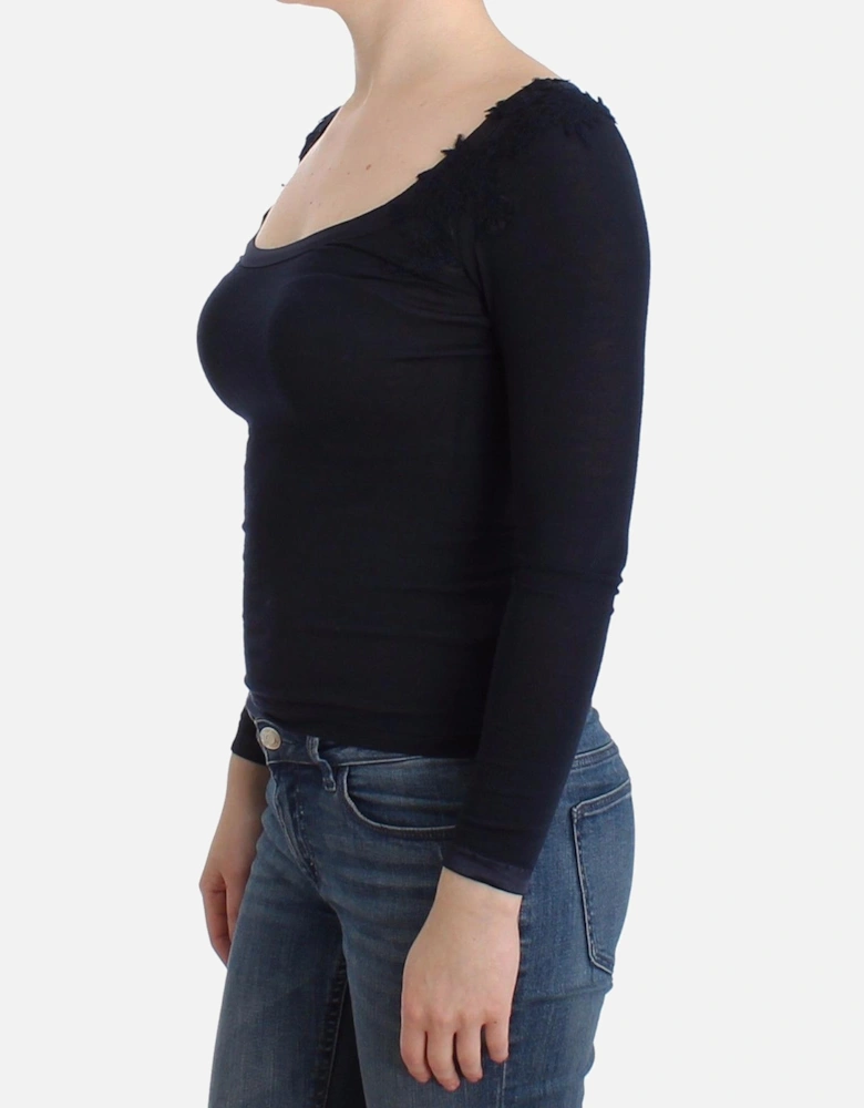 Long Sleeve Knit Top Square Neck Lace Detail Women - Blue Sweaters