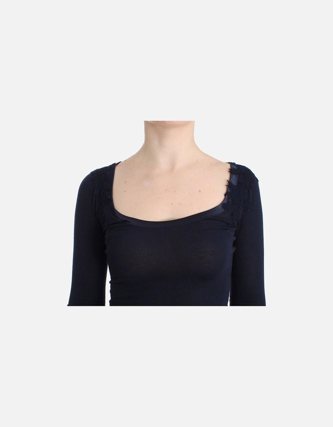 Long Sleeve Knit Top Square Neck Lace Detail Women - Blue Sweaters