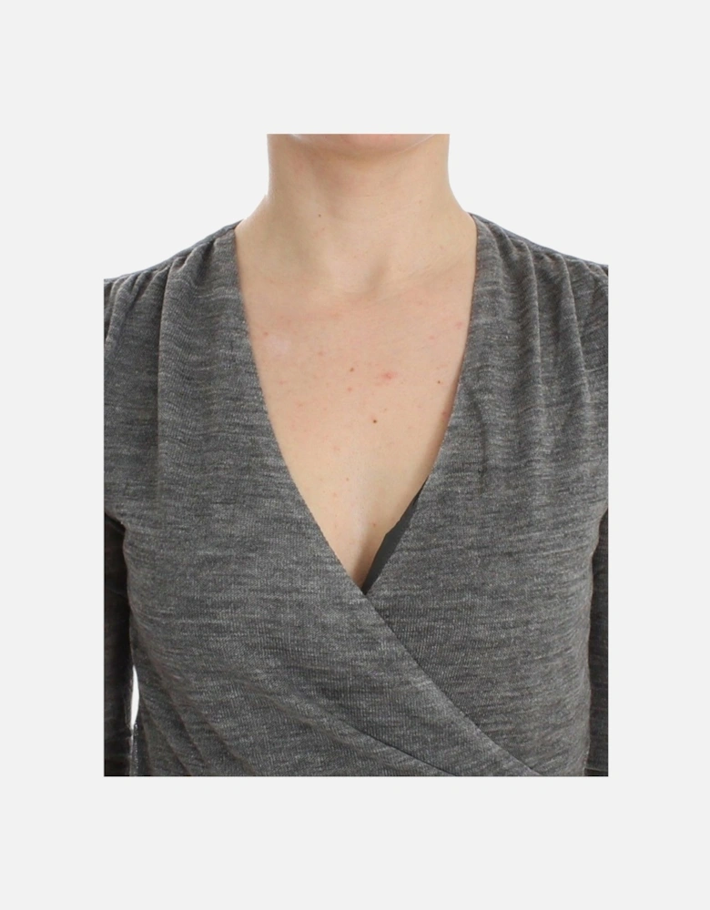 VNeck Knit Wrap Top Long Sleeve Women - Gray Sweaters