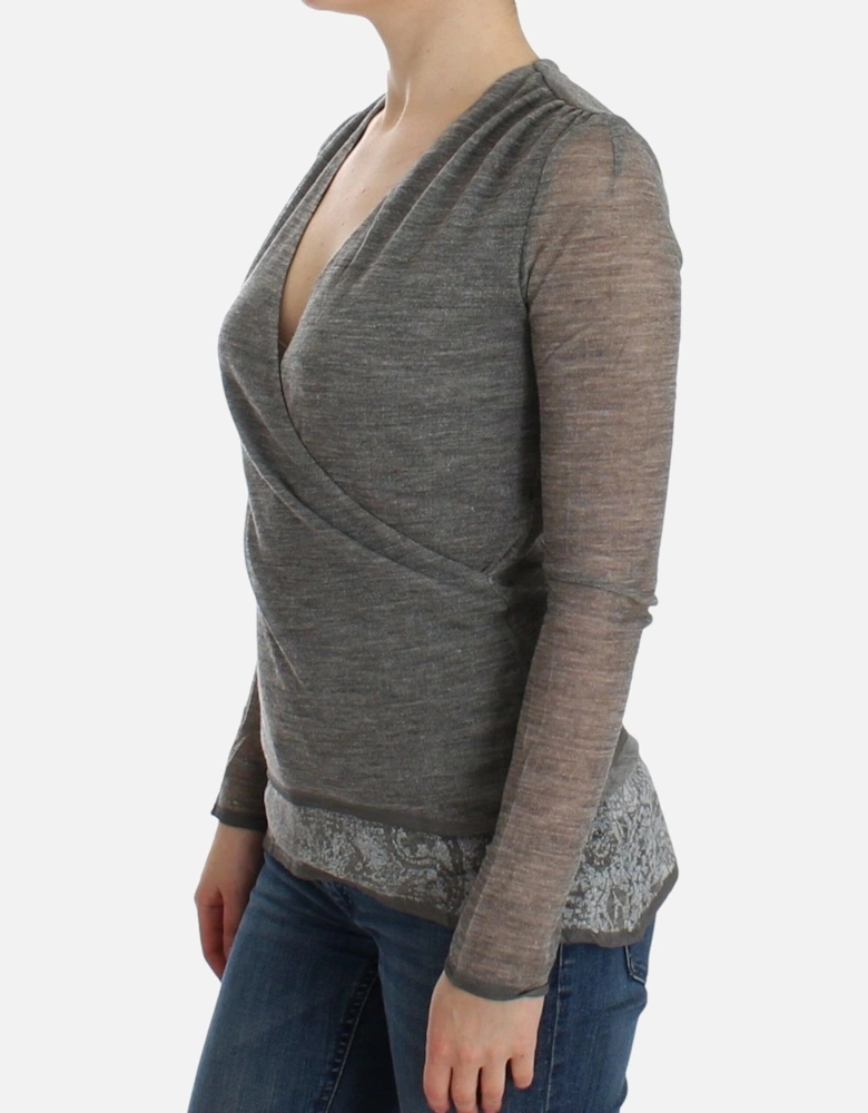VNeck Knit Wrap Top Long Sleeve Women - Gray Sweaters